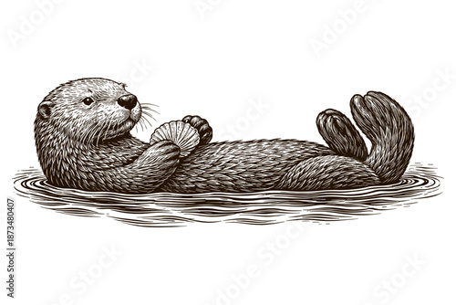 Intricate black and white illustration of sea otter holding shell