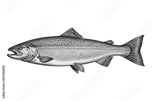 Detailed black and white illustration of a salmon fish