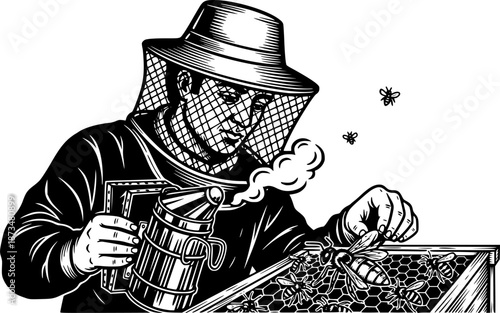 Woodcut Illustration: Beekeeper with Bee Smoker Inspecting a Que

