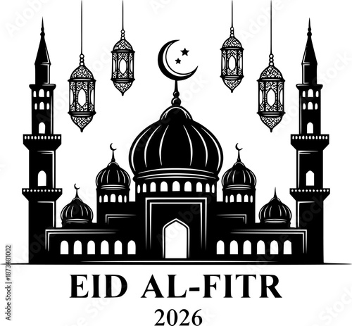 Silhouette of a grand mosque with crescent moon and lanterns for eid al fitr celebration
