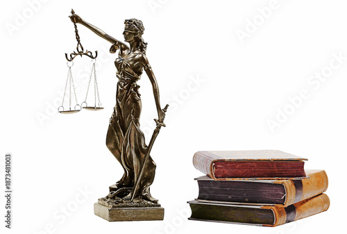 Justitia Figur und alte Bücher. Gerechtigkeit, Waage und Gericht. Freigestellt mit weißem Hintergrund