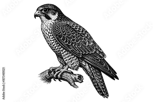 Detailed black and white engraving of a falcon perched on a branch