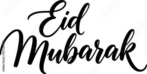 Elegant black script calligraphy beautifully writing the phrase Eid Mubarak on a clean white surface
