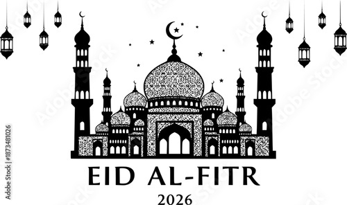 Silhouette of a grand mosque with crescent moon and lanterns for eid al fitr celebration
