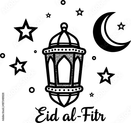 Salam Aidilfitri text vector illustration in black and white. Eid celebration, with lantern, stars and crescent moon
