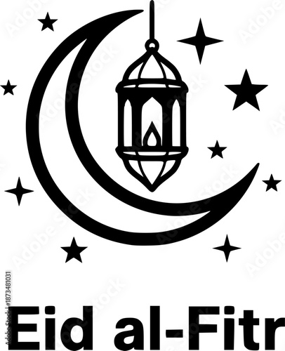 Salam Aidilfitri text vector illustration in black and white. Eid celebration, with lantern, stars and crescent moon
