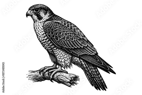 Detailed black and white falcon illustration on branch