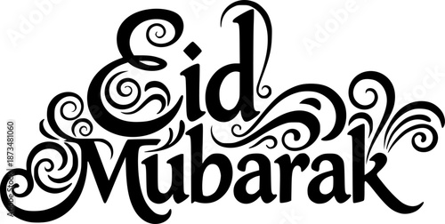 Artistic black and white Eid Mubarak typography design with decorative flourishes for Islamic celebration greetings and decor.
