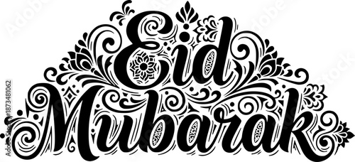Artistic black and white Eid Mubarak typography design with decorative flourishes for Islamic celebration greetings and decor.
