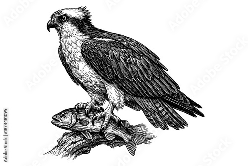 Detailed osprey perched on branch with fish in talons