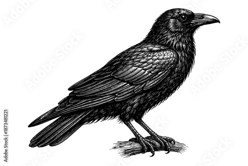 Intricate black and white illustration of a perched raven with detailed feathers