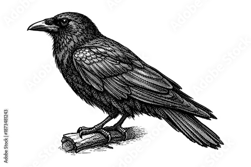 Detailed black and white drawing of a perched raven on branch