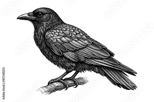 Detailed black and white illustration of a raven on a branch