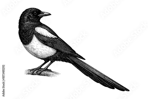 Detailed black and white magpie illustration on branch