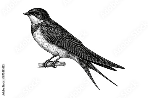 Intricate black and white swallow illustration with detailed feather patterns
