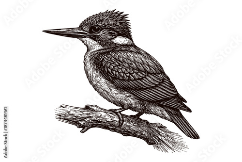 Detailed black and white illustration of a kingfisher on a branch