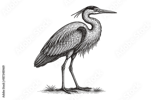 Detailed black and white heron illustration with intricate feather patterns