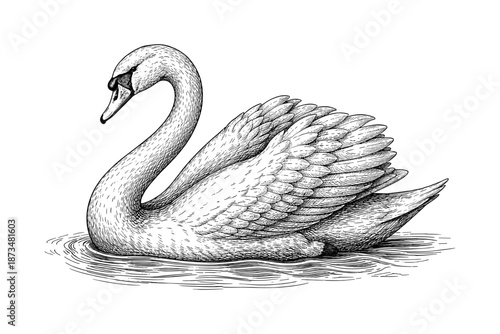 Elegant swan sketch with detailed feathers on calm water