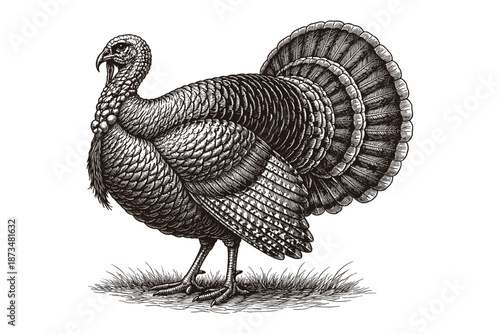 Detailed black and white illustration of a turkey with elaborate feathers