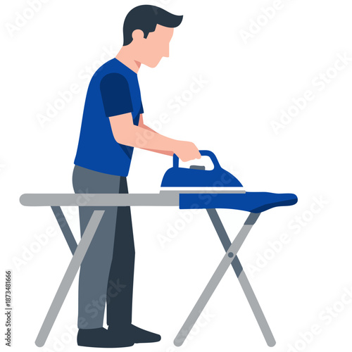 Man Ironing Clothes on Ironing Board Isolated on White Background
