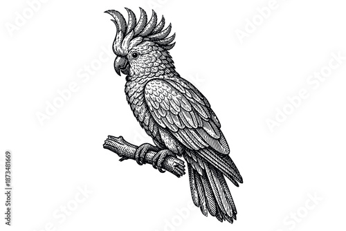 Intricate black and white engraving of a cockatoo on a branch