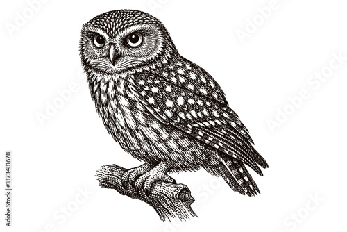 Detailed black and white illustration of a perched owl on a branch