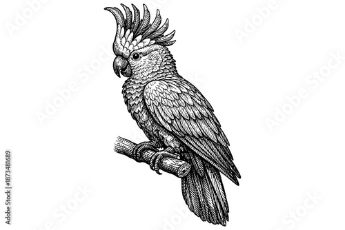 Detailed black and white illustration of exotic cockatoo perched on branch