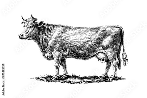 Detailed black and white illustration of a standing cow with short horns