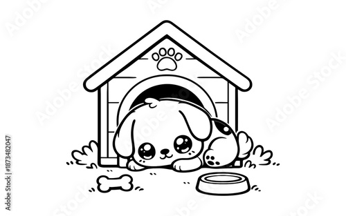 Cute cartoon puppy resting in doghouse with bone and bowl outline drawing