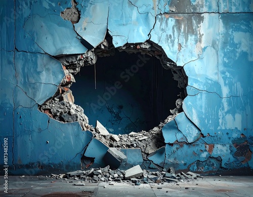 A distressed, blue-painted wall reveals a gaping hole, surrounded by rubble, casting shadows into the darkness within