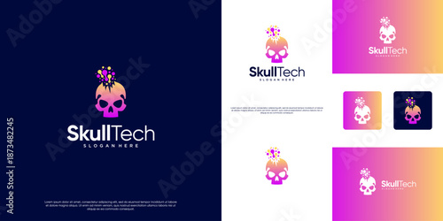 A logo featuring a skull concept and technology symbols, software development, database systems, digital services, and vector design templates.