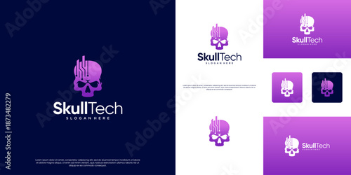 wall protection logo with skull symbol and abstract electrical network, software, vector design illustration.