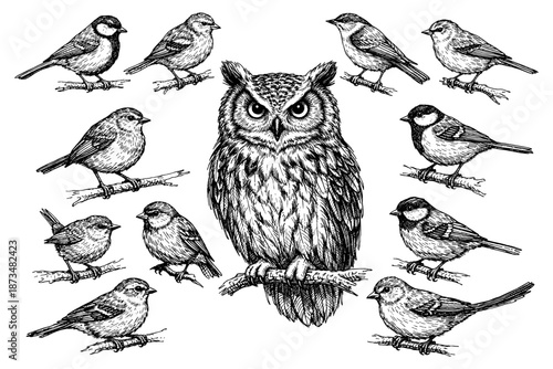 Intricate owl and songbirds sketch in black and white