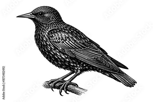 Intricate black and white bird illustration of a starling perched on a branch