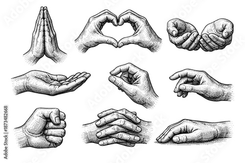 Detailed vintage hand gestures illustrations set in black and white