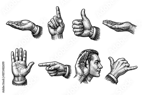 Vintage engraving of various hand gestures and expressions with male caucasian profile