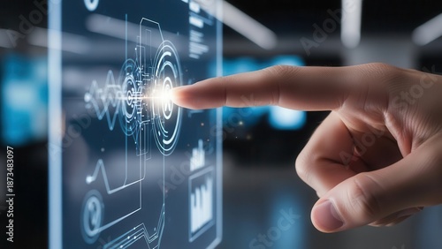 Index finger reaching forward to touch screen interface