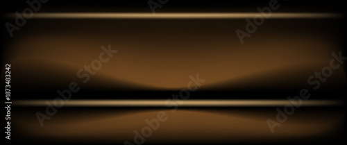 Dark gold gradient background studio with two lights shiny abstract pattern, modern and luxury empty room interior for premium product display lighting.