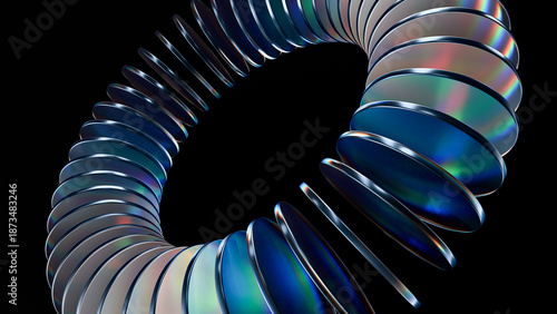 Photos Colorful metallic discs torus – iridescent abstract 3D render
