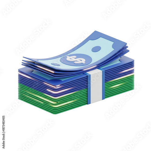 Stack of stylized money: 3d render with green and blue bills secured by a white band, representing finance and wealth