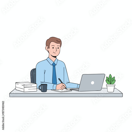 Man working at desk with laptop and office supplies