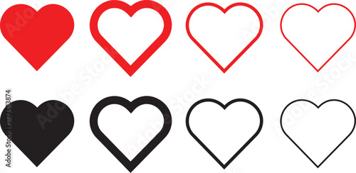 Eight Heart Shapes In Red Black And Outline Variations