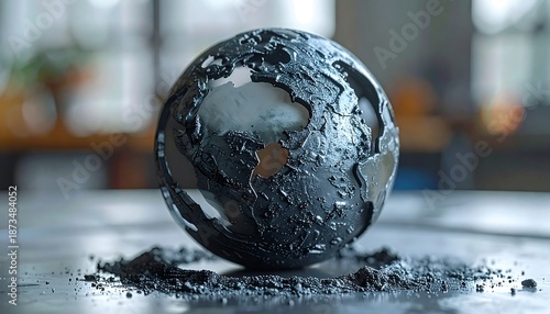 A distressed globe, sculpted from dark material, rests on a metallic surface, with scattered debris at its base, hinting at fragility