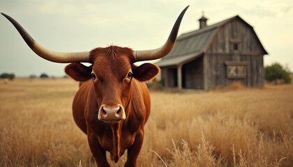 Close up photo of Texas longhorn cow in pasture near wooden barn. Bovine animal with large horns stands on farmland. Rural landscape with agricultural cattle concept.