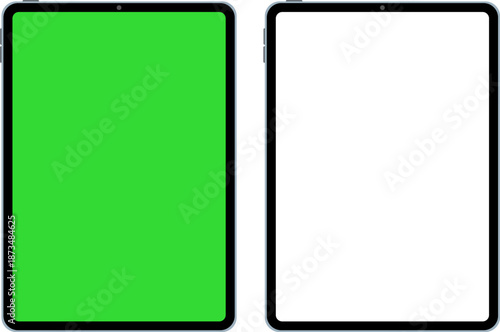 Tablets with green and white screens, chroma key displays, and digital hardware. Mobile device setups, professional templates for screen replacement and tech presentations