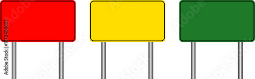 Red and yellow road signs, green traffic barriers, and metal advertising panels. Set of empty road signs, directional information posts, and urban highway elements. Realistic metal signs
