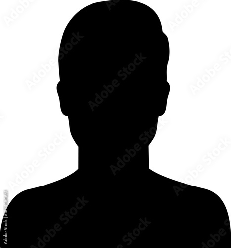 Male profile silhouette avatar icon, head and shoulders portrait of a man, anonymous user account, minimalist outline of a human character, male profile design. Generic member identity graphic