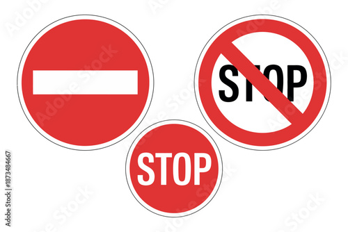 A set of three traffic signs with stop and do not enter symbols on a white background