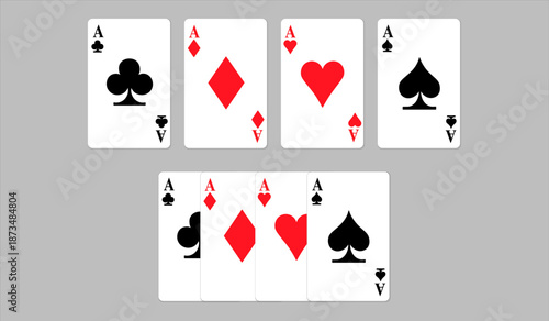 A four-card deck of aces, hearts, diamonds, clubs, and spades. Gambling and casino elements, winning poker hand combinations, recreational betting. Realistic deck graphics, luxury gaming accessories