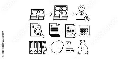 A collection of financial icons illustrating money management and accounting concepts.